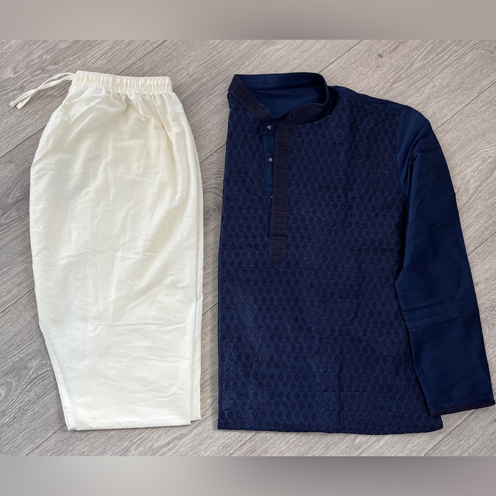 Navy Blue Embroidered Kurta with White Pyjama for Men